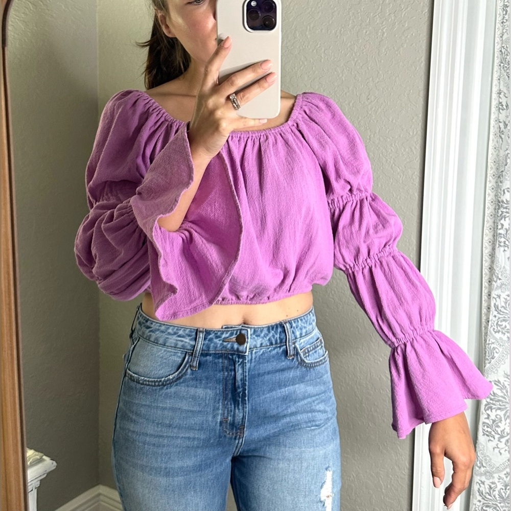 Free People women’s lavender long sleeve elastic crop peasant top size small - Picture 3 of 16